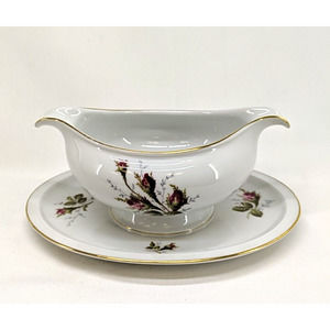 Rosenthal Germany Winifred Moss Rose Gravy Bowl with Attached Underplate